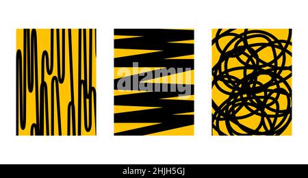 Satz von vertikalen abstrakten Doodle-Line-Postern. Sammlung von gekritzelten Wandhintergründen. Vektorgrafik Stock Vektor