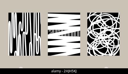 Satz von vertikalen abstrakten Doodle-Line-Postern. Sammlung von gekritzelten Wandhintergründen. Vektorgrafik Stock Vektor
