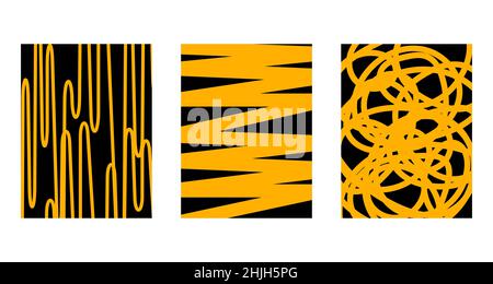 Satz von vertikalen abstrakten Doodle-Line-Postern. Sammlung von gekritzelten Wandhintergründen. Vektorgrafik Stock Vektor