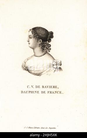 Porträt-Büste von Maria Anna Christine Victoria von Bayern, 1660-1690. Mit Ringelchen und Perlen im Haar. Dauphine von Frankreich durch Heirat mit Louis, Grand Dauphin, Sohn von König Ludwig XIV. La Grande Dauphine. CV de Baviere, Dauphine de France. Kupferstich von D aus der Sammlung des Vingt Portraits du Siecle de Louis XIV von Marie de Rabutin-Chantal Sevigne, Sammlung von 20 Porträts des Jahrhunderts von König Ludwig XIV., J.J. Blaise, Libraire, Quai des Augustins, Paris, 1818. Stockfoto