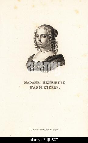 Henrietta Anne von England, Herzogin von Orleans, 1644-1670, Tochter von König Karl I. von England und Königin Henrietta Maria. Mit Haaren in Ringelchen und Perlenkette. Madame, Henriette d'Angleterre. Kupferstich von Claude Marie Francois Dien nach Adriaen van der Werff aus Marie de Rabutin-Chantal Sevigne’s Collection des Vingt Portraits du Siecle de Louis XIV, Collection of 20 Portraits of the Century of King Louis XIV, J.J. Blaise, Libraire, Quai des Augustins, Paris, 1818. Stockfoto