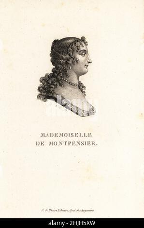 Profilportrait von Mademoiselle de Montpensier. Anne Marie Louise d'Orleans, Herzogin von Montpensier, 1627-1693. La Grande Mademoiselle, Tochter von Gaston d'Orleans mit seiner ersten Frau, Marie de Bourbon. Kupferstich von G.T. aus der Sammlung des Vingt Portraits du Siecle de Louis XIV von Marie de Rabutin-Chantal Sevigne, Sammlung von 20 Porträts des Jahrhunderts von König Ludwig XIV., J.J. Blaise, Libraire, Quai des Augustins, Paris, 1818. Stockfoto