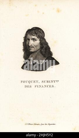 Nicolas Fouquet, Superintendent of Finances, 1615-1680. Marquis de Belle-Île, vicomte de Melun et Vaux, Minister unter König Ludwig XIV Fouquet, Surintdt des Finances. Kupferstich von D nach Charles le Brun aus der Sammlung des Vingt Portraits du Siecle de Louis XIV von Marie de Rabutin-Chantal Sevigne, Sammlung von 20 Portraits des Jahrhunderts von König Ludwig XIV., J.J. Blaise, Libraire, Quai des Augustins, Paris, 1818. Stockfoto