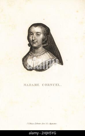 Porträt von Anne-Marie Bigot de Cornuel, 1605–1694, Französischer salonnière in Paris, berühmt für ihren Witz Madame Cornuel. Kupferstich von S.D. nach Louis Ferdinand aus Marie de Rabutin-Chantal Sevigne's Collection des Vingt Portraits du Siecle de Louis XIV, Sammlung von 20 Portraits des Jahrhunderts von König Ludwig XIV., J.J. Blaise, Libraire, Quai des Augustins, Paris, 1818. Stockfoto