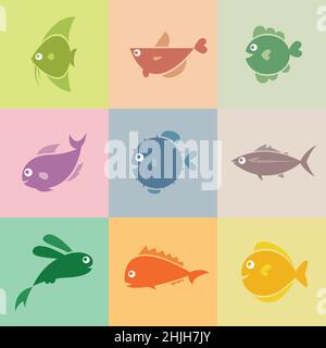 Satz von Vektorfischen Symbolen. Leicht editierbare Vektorgrafik mit Ebenen. Wilde Tiere. Stock Vektor