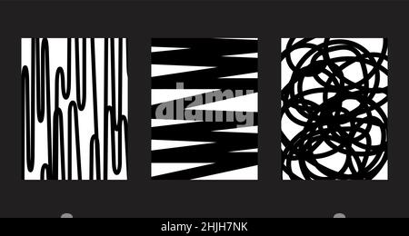 Satz von vertikalen abstrakten Doodle-Line-Postern. Sammlung von gekritzelten Wandhintergründen. Vektorgrafik Stock Vektor