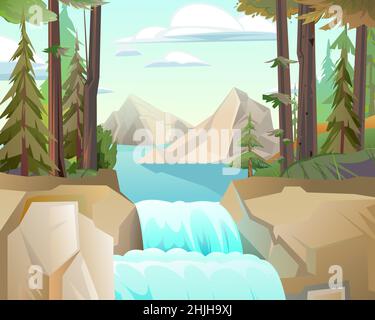 Nördliche Landschaft mit Wasserfall zwischen Felsen. Kaskade schimmert nach unten. Fließendes Wasser. Schöner Cartoon-Stil. Flaches Design. Vektor. Stock Vektor