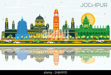 Jodhpur Indien Skyline der Stadt mit Gebäuden, blauer Himmel und Reflexionen. Vector Illustration. Business Travel und Konzept mit historischer Architektur Stock Vektor