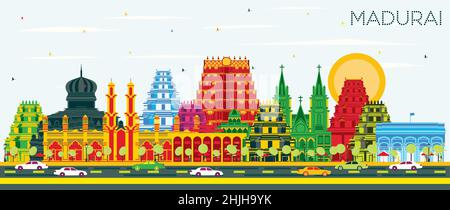 Indien Madurai Skyline der Stadt mit Gebäuden, blauer Himmel und Reflexionen. Vector Illustration. Business Travel und Konzept mit historischer Architektur Stock Vektor