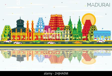 Indien Madurai Skyline der Stadt mit Gebäuden, blauer Himmel und Reflexionen. Vector Illustration. Business Travel und Konzept mit historischer Architektur Stock Vektor