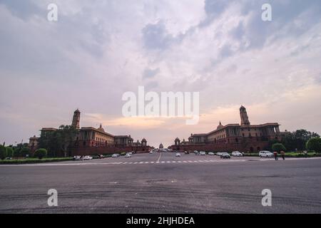 Blick auf den Rashtrapati Bhawan auf der Rajpath Road, Neu-Delhi Stockfoto