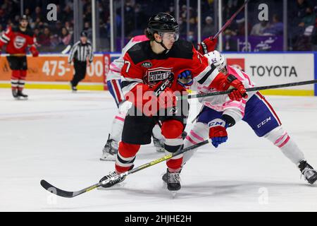 29. Januar 2022: Zentrum der Utica Comets Aarne Talvitie (77) schoss in der ersten Periode im Netz gegen die Rochester-Amerikaner. Die Rochester Americans veranstalteten die Utica Comets auf Pink in der Rink Night in einem Spiel der American Hockey League in der Blue Cross Arena in Rochester, New York. (Jonathan Tenca/CSM) Stockfoto