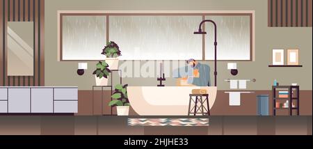 Unglücklicher depressiver Mann sitzt in der Dusche Kerl Gefühl verzweifelt und einsam psychische Erkrankungen Depression Stress Stock Vektor