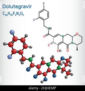 Dolutegravir? Molekül. Es handelt sich um ein antivirales Mittel, das zur Behandlung von HIV-1-Infektionen des humanen Immunschwächevirus Typ 1 verwendet wird. Strukturelle Chemikalie für Stock Vektor