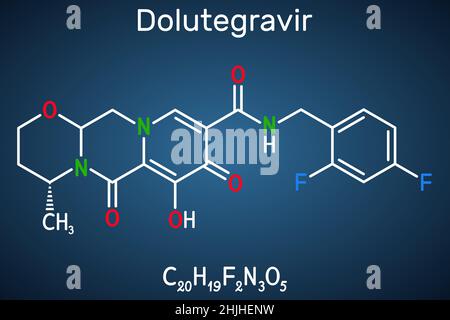 Dolutegravirе-Molekül. Es handelt sich um ein antivirales Mittel, das zur Behandlung von HIV-1-Infektionen des humanen Immunschwächevirus Typ 1 verwendet wird. Strukturelle Chemikalie für Stock Vektor