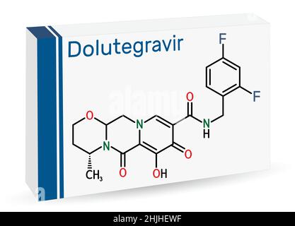 Dolutegravirе-Molekül. Es handelt sich um ein antivirales Mittel, das zur Behandlung von HIV-1-Infektionen des humanen Immunschwächevirus Typ 1 verwendet wird. Chemische Skelettform Stock Vektor