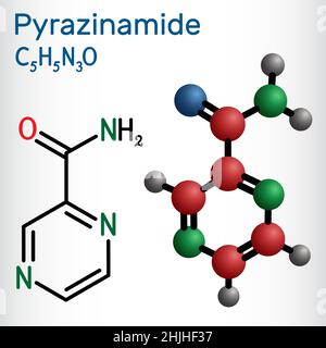 Pyrazinamid, Molekül. Es handelt sich um ein Tuberkulosemittel, das als Bestandteil der Tuberkulose-Behandlung (TB) verwendet wird. Strukturelle chemische Formel und Molekülmodus Stock Vektor