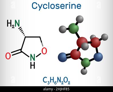 Cycloserin-Molekül. Es handelt sich um ein Breitbandantibiotikum, das bei der Behandlung von Tuberkulose und bestimmten Harnwegsinfektionen (UTI) eingesetzt wird. Struktureller che Stock Vektor