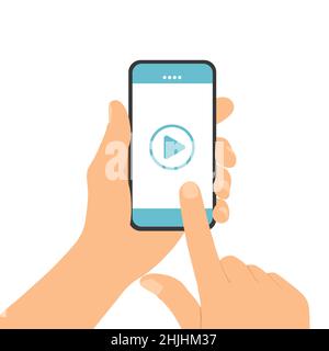 Flache Illustration eines Mannes, der ein Mobiltelefon mit Touchscreen hält. Auf dem Smartphone Video mit Play-Taste - Vektor Stock Vektor