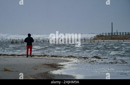 Sankt Peter Ording, Deutschland. 30th Januar 2022. Ein Mann schaut auf die hohen Wellen, die der Wind am Strand auftürmt. Quelle: Axel Heimken/dpa/Alamy Live News Stockfoto