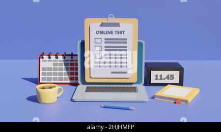 Online-Testtechnikkonzept mit Laptop und Büchern mit Kalender. 3D Darstellung Rendern von Illustrationen Stockfoto
