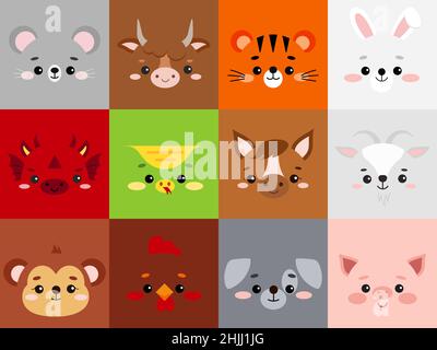 Chinesischer Tierkreis Tiercharakter sqaure Gesichter Vektor auf weißem Hintergrund isoliert gesetzt. Stock Vektor