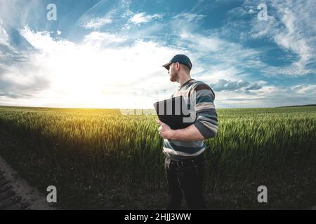 Ein junger Agronom hält eine Mappe in den Händen auf einem grünen Weizenfeld. Ein Landwirt notiert sich bei Sonnenuntergang über den Hintergrund landwirtschaftlicher Flächen. Mann Stockfoto