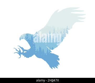 Wald in der Silhouette eines fliegenden Vogels des Gebetes. Bäume, Jagdadler. Vektor-Illustration mit blauer Wildlandschaft. Tier isoliert auf weißem Hintergrund. Stockfoto