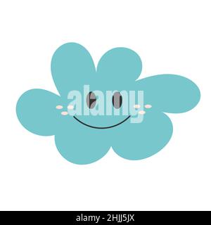 Niedliches handgezeichnetes Muster mit fröhlicher blauer lächelnder Wolke. Einfache Vektorgrafik auf Weiß Stock Vektor