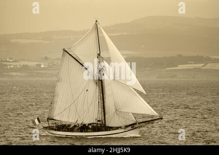 Kulturelle Veranstaltung mit hölzernen alten Fischerbooten in Douarnenez, Bretagne. Stockfoto