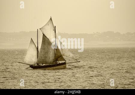 Kulturelle Veranstaltung mit hölzernen alten Fischerbooten in Douarnenez, Bretagne. Stockfoto