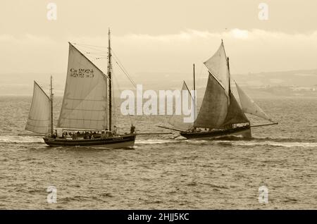 Kulturelle Veranstaltung mit hölzernen alten Fischerbooten in Douarnenez, Bretagne. Stockfoto