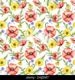 Nahtloses Sommermuster mit hellen Mohnblumen und Wildblumen. Für Textilien, Stoffe, Einladungen. Stockfoto
