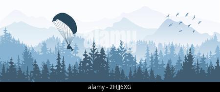 Horizontales Banner. Magische neblige Landschaft mit Gleitschirm und Vögeln. Silhouetten von Bäumen und Bergen. Blaue Abbildung. Stock Vektor