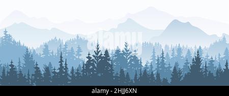 Horizontales Banner. Magische neblige Landschaft. Silhouette von Wald und Bergen, Nebel. Natur Hintergrund. Blaue und weiße Abbildung. Lesezeichen. Stock Vektor