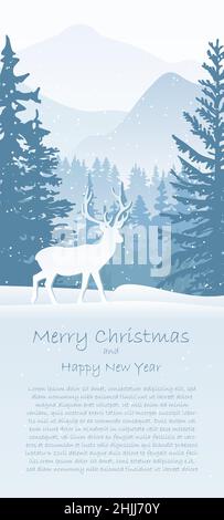 Weihnachtskarte mit Winterlandschaft. Hirsche im Schnee, Wald und Berge im Hintergrund. Magisch neblige Natur, Schneeflocke. Frohe Weihnachten und ein glückliches Neues Stock Vektor