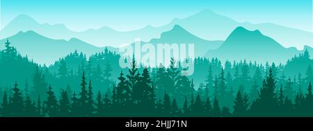 Horizontales Banner. Magische neblige Landschaft. Silhouette von Wald und Bergen, Nebel. Natur Hintergrund. Blaue und grüne Abbildung. Lesezeichen. Stock Vektor