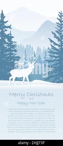 Weihnachtskarte mit Winterlandschaft. Hirsche im Schnee, Wald und Berge im Hintergrund. Magisch neblige Natur, Schneeflocke. Frohe Weihnachten und ein glückliches Neues Stock Vektor