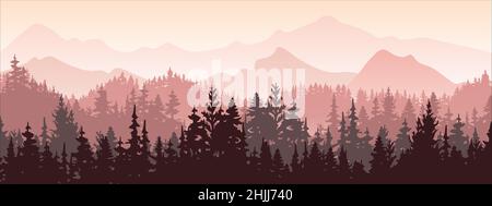 Horizontales Banner. Magische neblige Landschaft. Silhouette von Wald und Bergen, Nebel. Natur Hintergrund. Rosa und violette Illustration. Lesezeichen. Stock Vektor