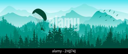 Horizontales Banner. Magische neblige Landschaft mit Gleitschirm und Vögeln. Silhouetten von Bäumen und Bergen. Blaue und grüne Abbildung. Stock Vektor