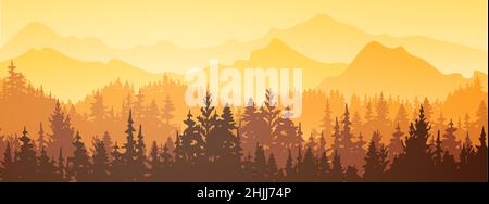 Horizontales Banner. Magische neblige Landschaft. Silhouette von Wald und Bergen, Nebel. Natur Hintergrund. Gelbe, orange und braune Abbildung. Stock Vektor