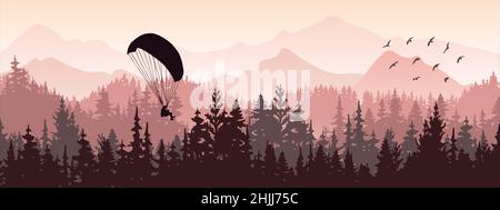 Horizontales Banner. Magische neblige Landschaft mit Gleitschirm und Vögeln. Silhouetten von Bäumen und Bergen. Violette und rosa Illustration. Stock Vektor