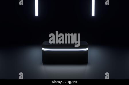 3D Illustration eines futuristischen Produktständers mit Neonlicht auf dunklem Hintergrund Stockfoto