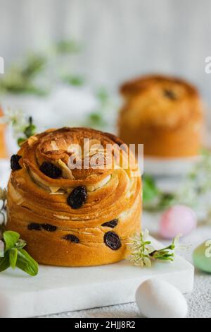 Frohe Ostern. Traditionelle Osterkuchen, hausgemachtes Kraffin mit Rosinen, kandierte Früchte. Kirschblüte auf weißem Holzhintergrund. Selektiver Fokus.Schließen Stockfoto