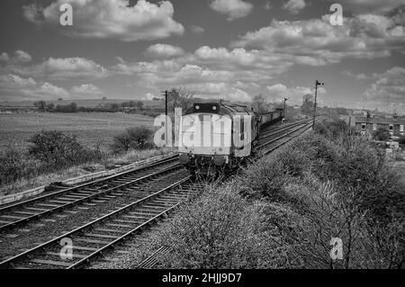 Der Kohlezug von der Zweigstrecke Newmarket Colliery, der von einer britischen Rail-Klasse 25 gezogen wird, kommt 1979 auf die Hauptstrecke bei Lofthouse Junction in der Nähe von Methley Stockfoto