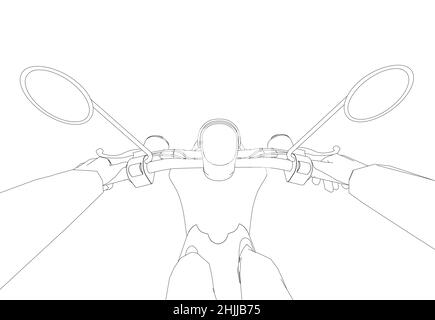 Umriss eines Mannes, der auf einem Moped aus schwarzen, auf weißem Hintergrund isolierten Linien reitet. Aus Sicht der ersten Person. Vektorgrafik. Stock Vektor