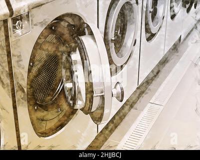 Illustration Skizze einer industriellen Waschmaschine in einem öffentlichen Waschsalon Stockfoto