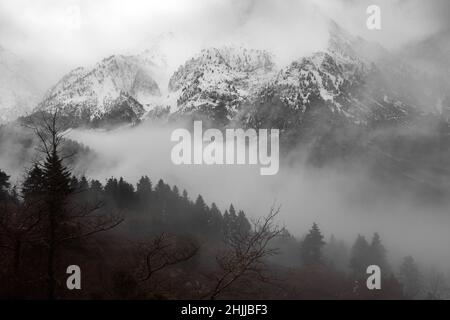 Atmosphärische Berggipfel im Winter niedrige Wolkendeckung, in der Bergregion Agrafa, in Zentralgriechenland, GRIECHENLAND, EUROPA. Stockfoto