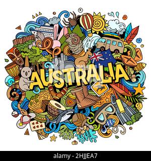 Australien handgezeichnete Cartoon Doodle Illustration. Lustiges australisches Design. Kreativer Vektorhintergrund. Handgeschriebener Text mit Länderelementen von Ozeanien Stock Vektor