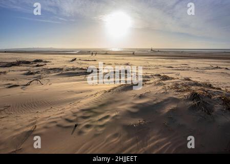 Crosby Beach am Fluss Mersey bei Sonnenuntergang an einem Winternachmittag mit geblasenem Sand, der wie eine Wüste aussieht. Ort eines anderen Ortes Eisenmänner Statuen, Stockfoto